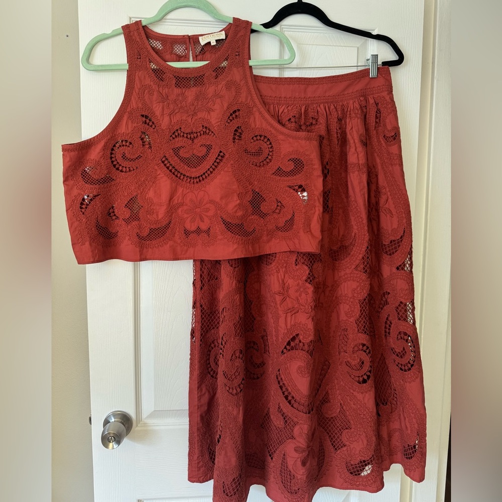 Sézane rust Lace Uanna Crop Top and Sophie Skirt Set